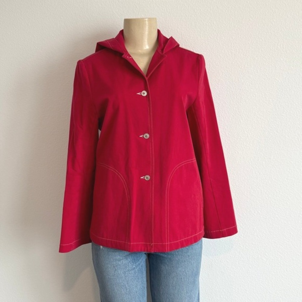 VTG Margaret O'Leary Red Hooded Utility Jacket Cotton Lycra Trench Coat Gorpcore